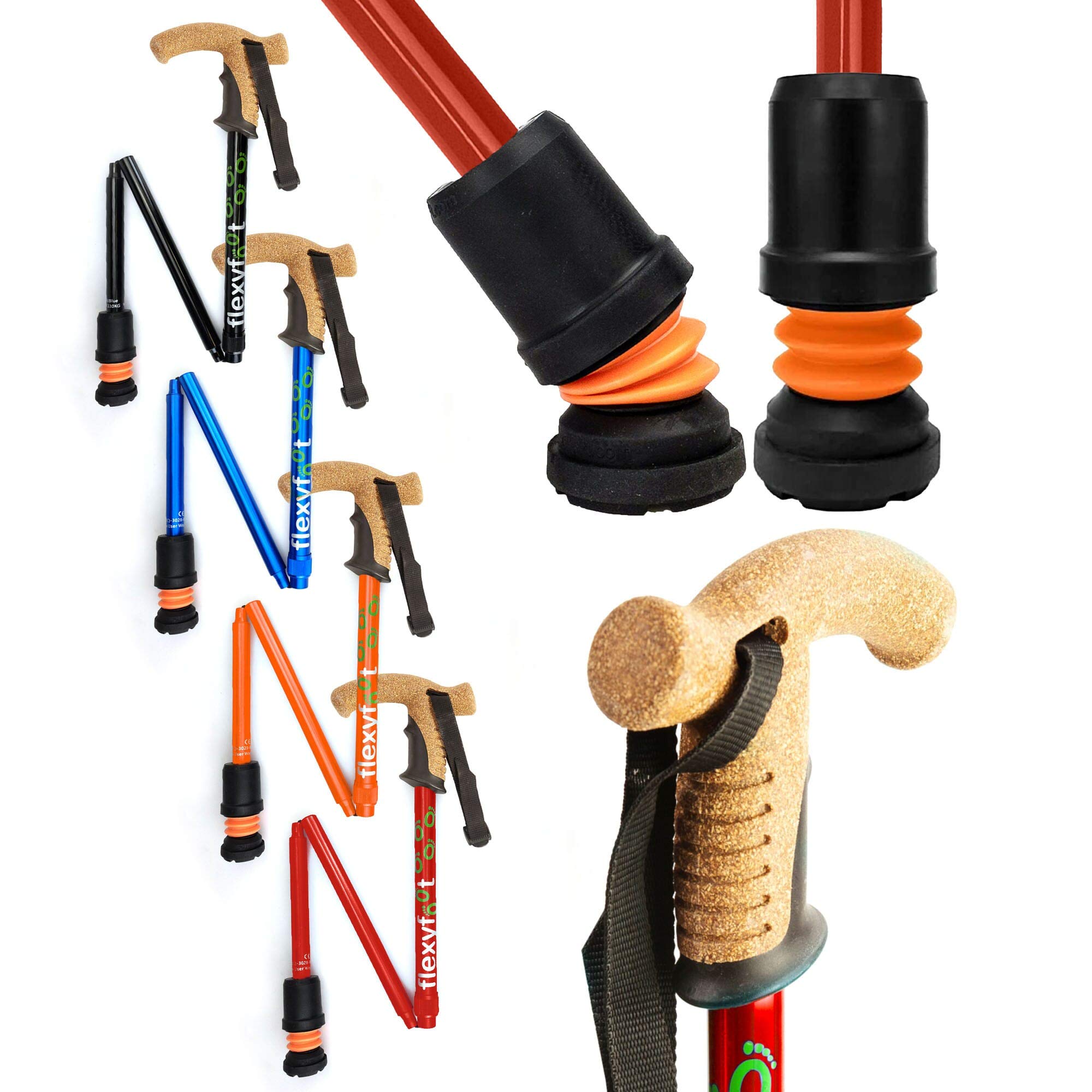 Flexyfoot Shock Absorbing Cork Handle Folding Walking Stick - Improved Comfort, Improved Grip, Improved Safety – Colour: Red