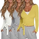 Oakgarden 3 Pack Women's Tie Wrap Tops, Long Sleeve Workout Ballet Yoga Pilates Shirts Deep V Neck Tie Front Y2k Blouses