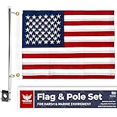 WATSY Boat Flag Pole Kit – 12x18 Embroidered USA Flag + Stainless Pole & Clips | Marine-Grade, High Wind-Resistant, for Pontoon, Yacht, Deck Mount (USA Kit 12x18 Inch)