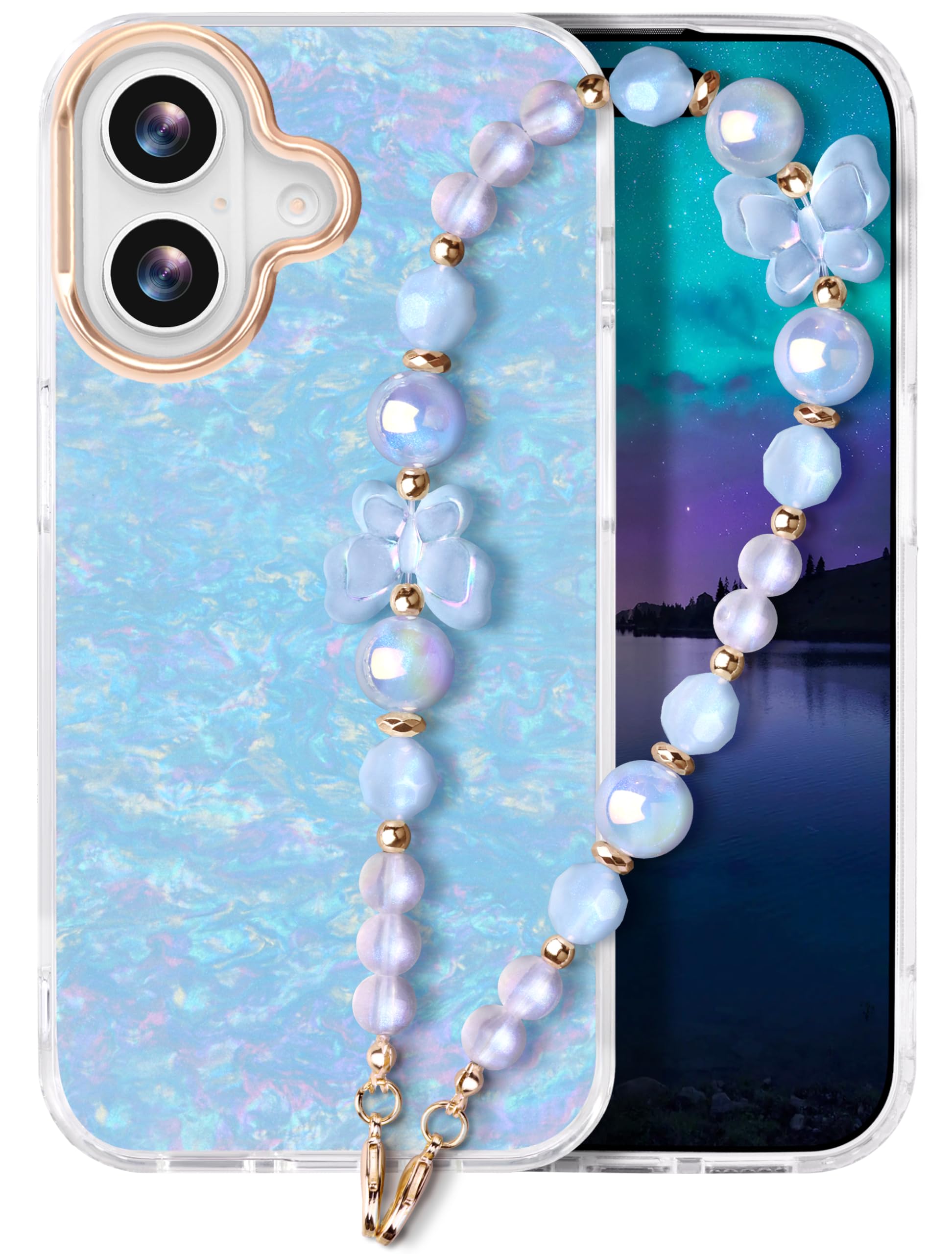 Compatible with iPhone 16 Plus Case for Women Girls, Slim Fit Glitter Cute Phone Case for iPhone 16 Plus with Pearl Phone Charm Lanyard Wrist Strap, Shockproof Hard Protective Case 6.7 Inch Shiny Blue