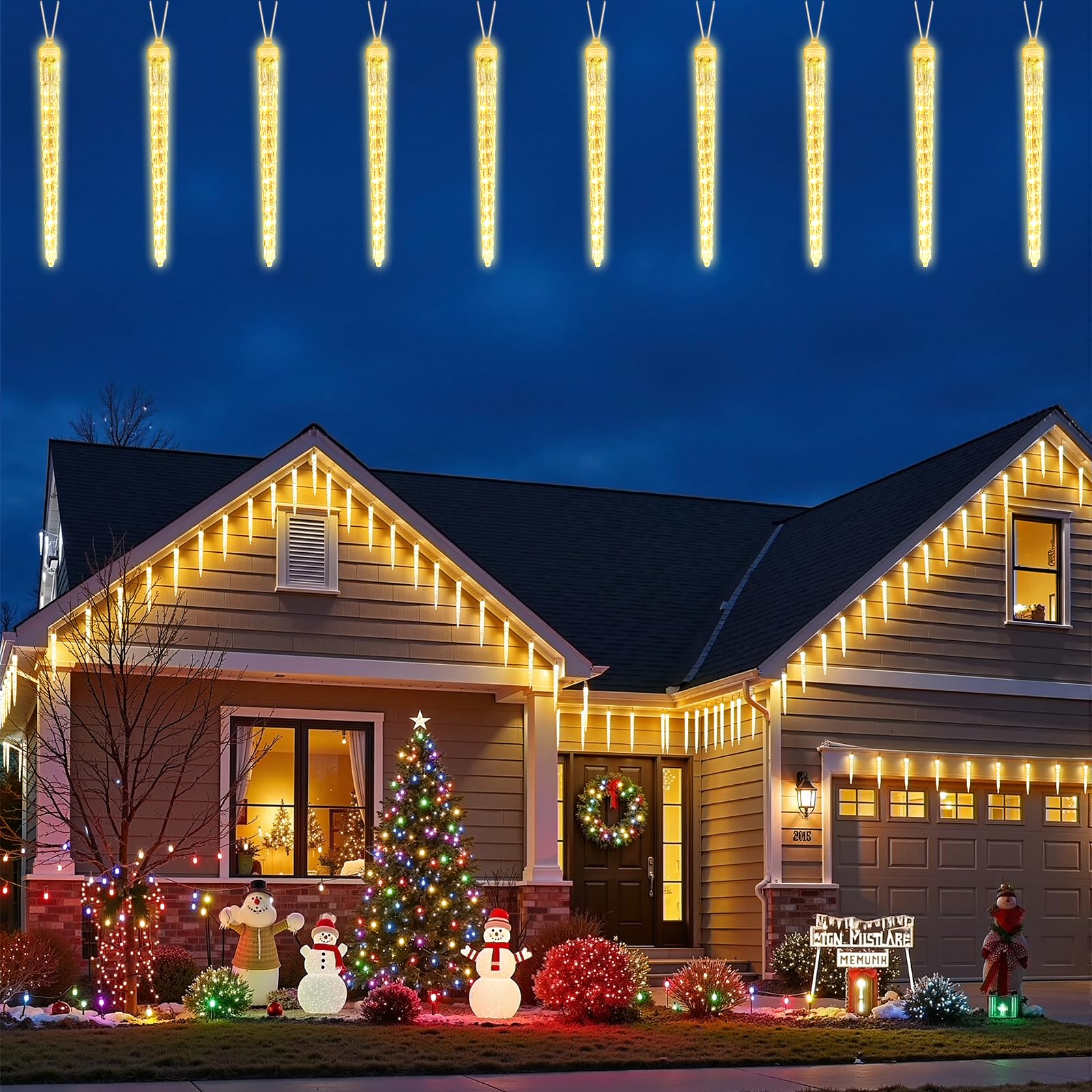 Photo 1 of Brightown Christmas Icicle Lights Outdoor, 19.8Ft with 20 Large Tube 480 LED Meteor Shower Dropping Effect, Waterproof Icicle Lights Christmas Decorations for House Eave Roofline, Warm White