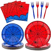 JarThenaAMCS 96 Pcs Spider Tableware Sets Serves 24 Guests Red Blue Spider Web Plates Napkins Forks Disposable Dinnerware for Halloween Birthday Party Favors