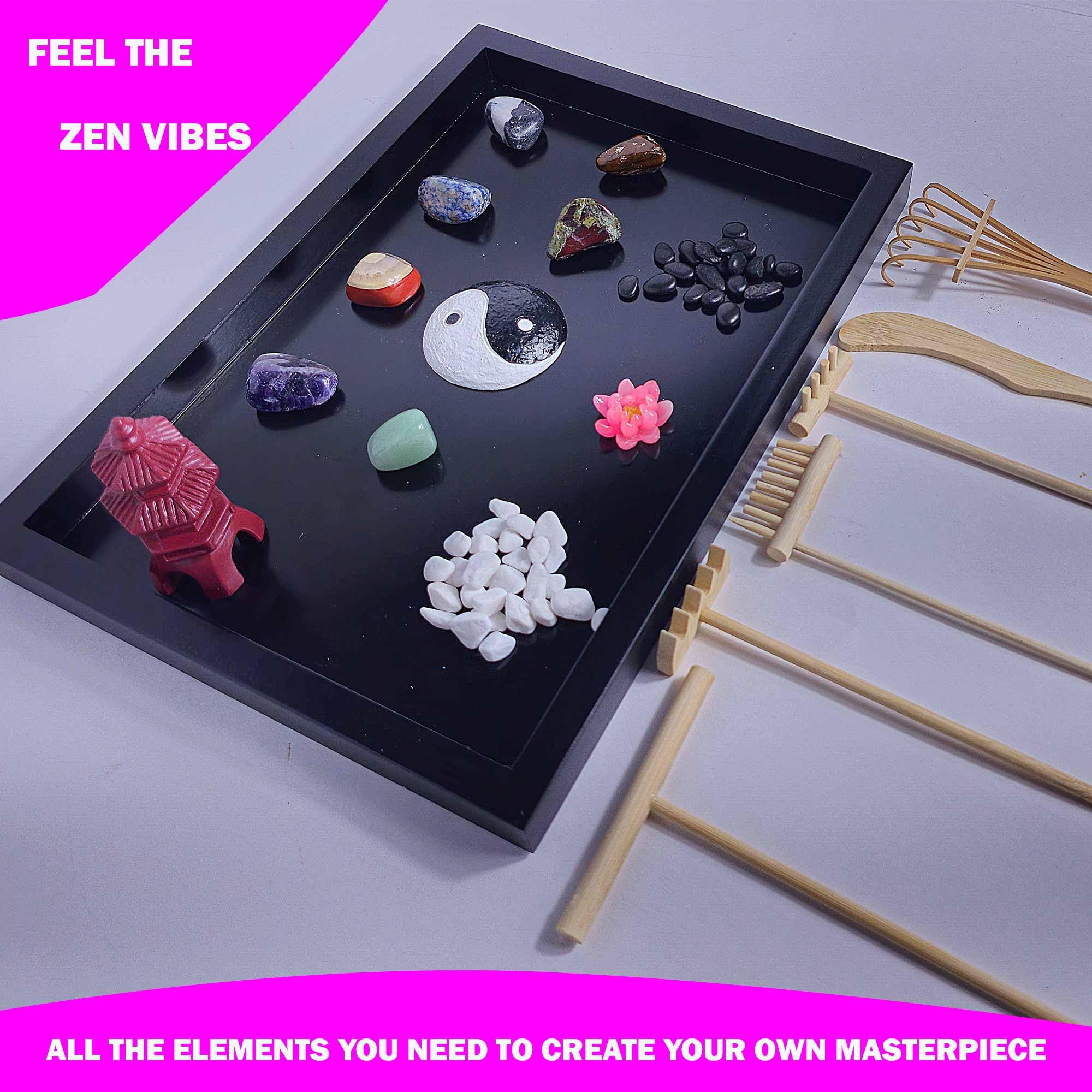 Premium Zen Garden for Desk, Sand Tray Therapy Kit, Therapy Office Decor, 11x8in - 11 Japanese Desktop Zen Garden Accessories and Meditation Accessories for Home and Office Relaxation