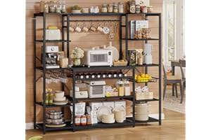 UPOSOJA Large Bakers Rack with Power Outlet, 62.4in Wide Kitchen Microwave Stand with Storage Shelves, 5-Tier Coffee Bar, Wine Rack, Goblet Holder, 8 Hooks, Wire Basket(Black, Large)