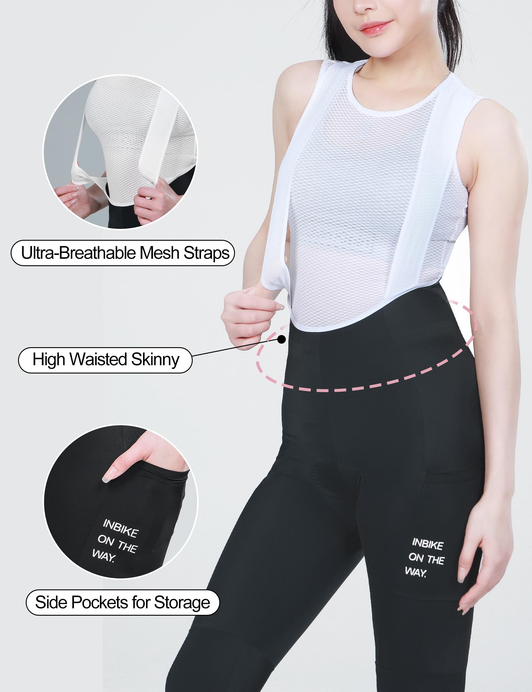 INBIKE Bib Hose Trägerhose Fahrradhose Damen Gepolstert Radunterhose Rennradhose Radlerhose Lang mit 3D Sitzpolsterung Einer Tasche Atmungsaktiv Hochelastisch,S 4