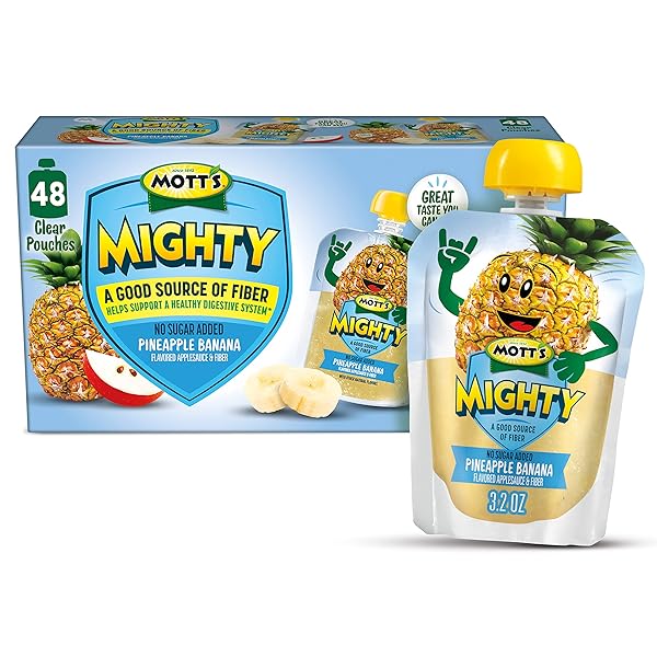 MOTT’S MIGHTY PINEAPPLE BANANA APPLESAUCE, 3.2 OZ CLEAR POUCHES, 48 COUNT (4 PACKS OF 12), NO SUGAR ADDED, GOOD SOURCE OF FIBER, SUPPORTS A HEALTHY DIGESTIVE SYSTEM, GLUTEN-FREE, KOSHER