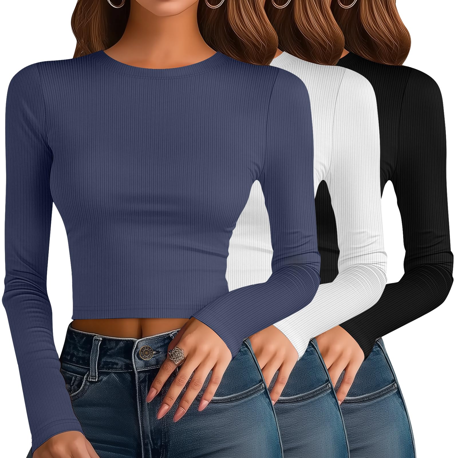 Photo 1 of ***STOCK PHOTO FOR REFERENCE ONLY, 2 WHITE AND 1 BLUE SHIRT***Riyiper 3 Pack Women's Ribbed Crop Tops, Long Sleeve Layer Tight Slim Fit Shirts Basic Crew Neck Tops Fall Y2k Clothes(M,Black, White, Navy Blue)