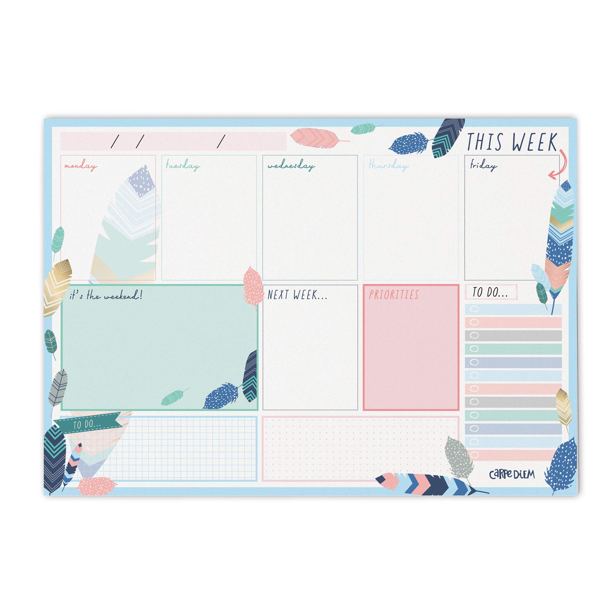 Pukka Pad Carpe Diem Weekly Planner Pad for Daily Organization, Scheduling, & Appointments - Includes To-Do List, Weekend, & Priority Sections, 60 Sheets Tear-Off Sheets, 11.7 x 8.3in, Feathers
