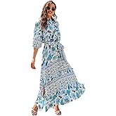 HECCPLI Women 3/4 Sleeves Front Buttons Floral Print Casual Bohemian Maxi Dresses