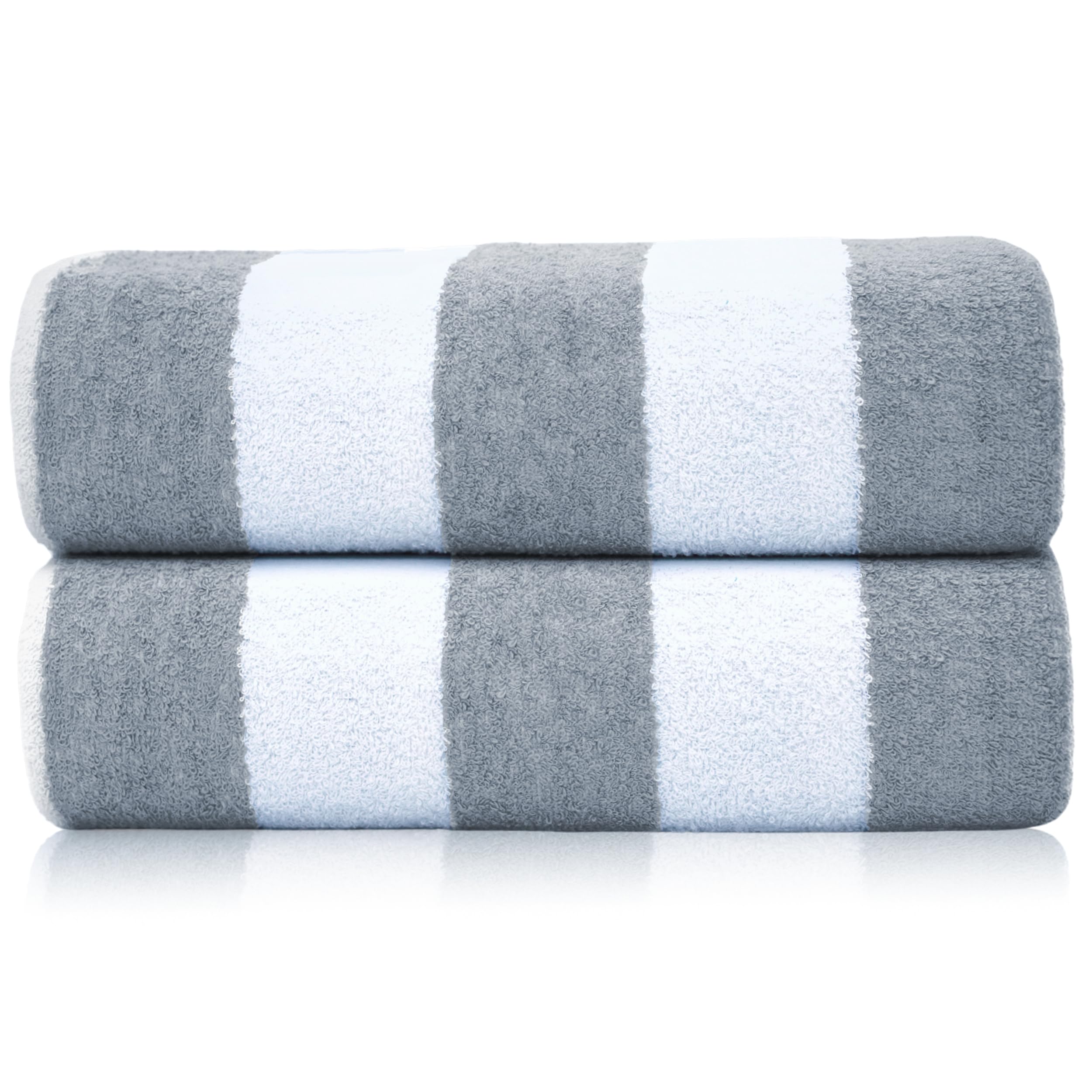 SweetNeedle Beach Towels for Adults Pack of 2 - Silver-White Cabana Striped Classic - 100% Cotton Terry Ringspun Pool Towel, Quick Dry, Super Absorbent Swimming large towel, 100x150 cm