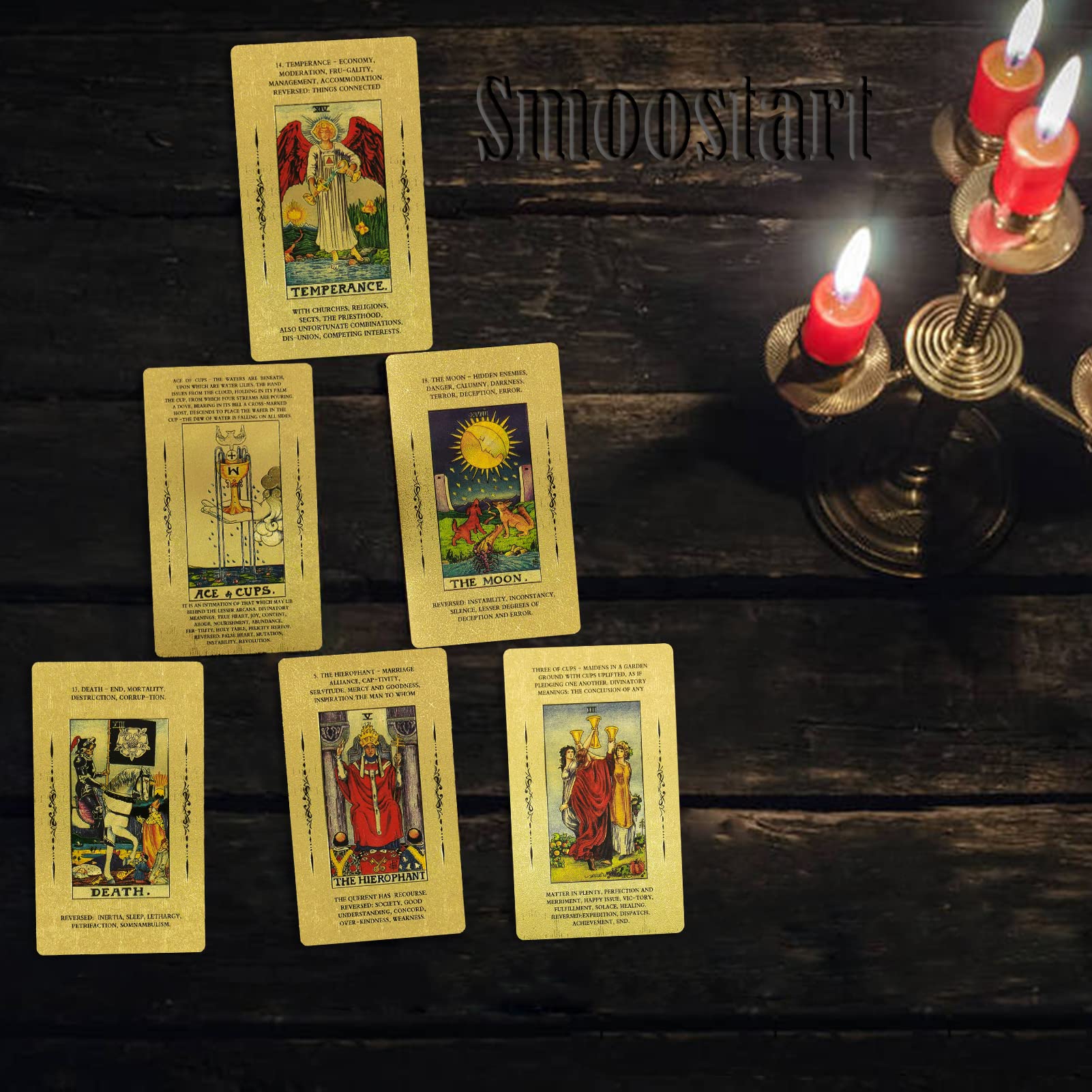 Smoostart PVC Tarot Cards with Meanings on Them, PVC Waterproof Anti-Wrinkle Luxury Gold Foil Tarot Cards Deck with Guidebook and Exquisite Box for Beginners and Professional Player Gold