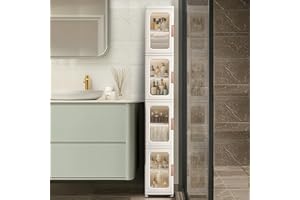 Lacusmall Tall Narrow Storage Cabinet with Movable Wheels, Adjustable Shelves & Magnetic Doors – Foldable Slim Plastic Organizer for Bathroom, Kitchen, Laundry, Ideal for Small Spaces(4-Tier,White)