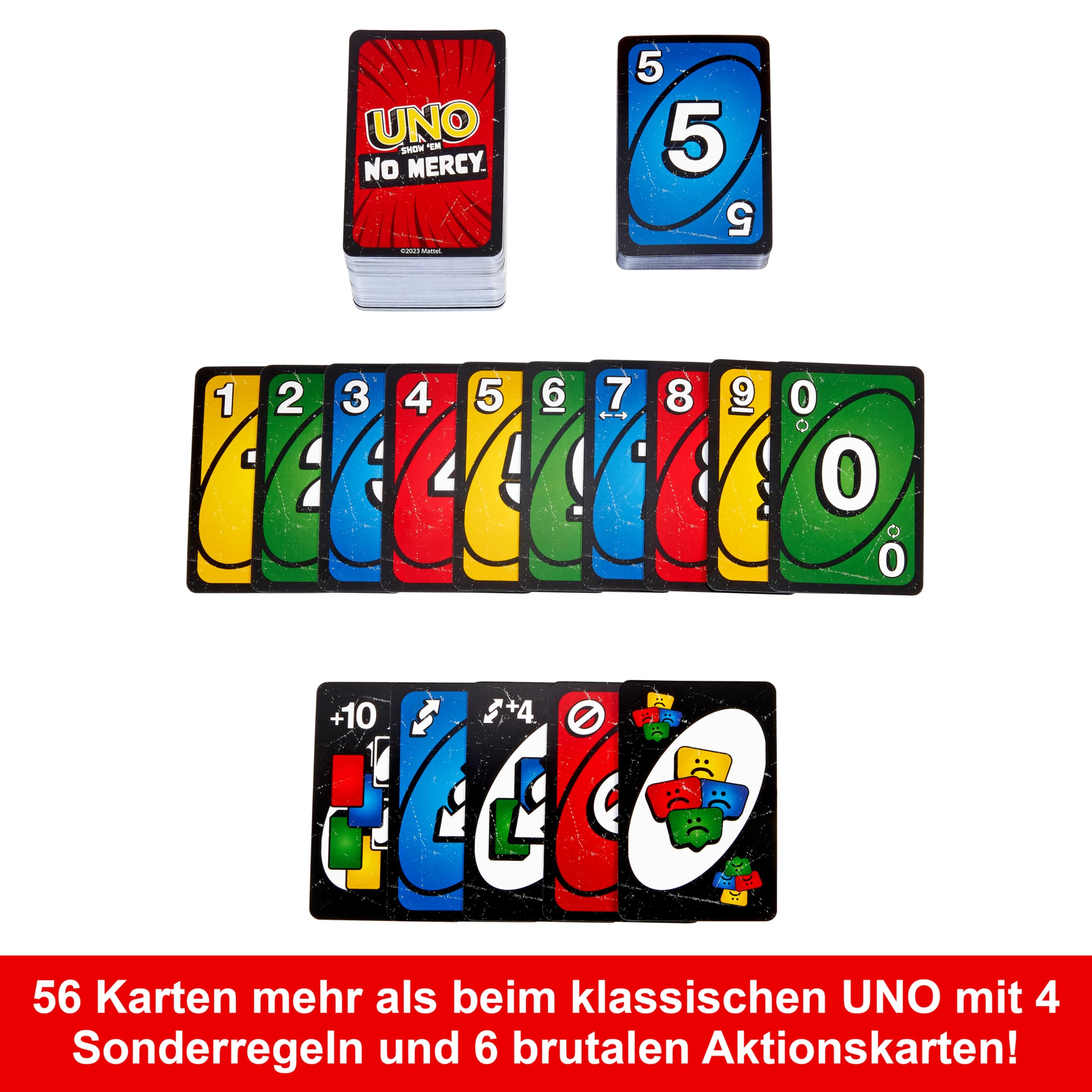 UNO Show 'em No Mercy - 56 zusätzliche Karten, Harte Aktionskarten und brutale Spielregeln für die gnadenloseste Version von UNO, Stapelregel und Handkartentausch, ab 7 Jahren, HWV18 3