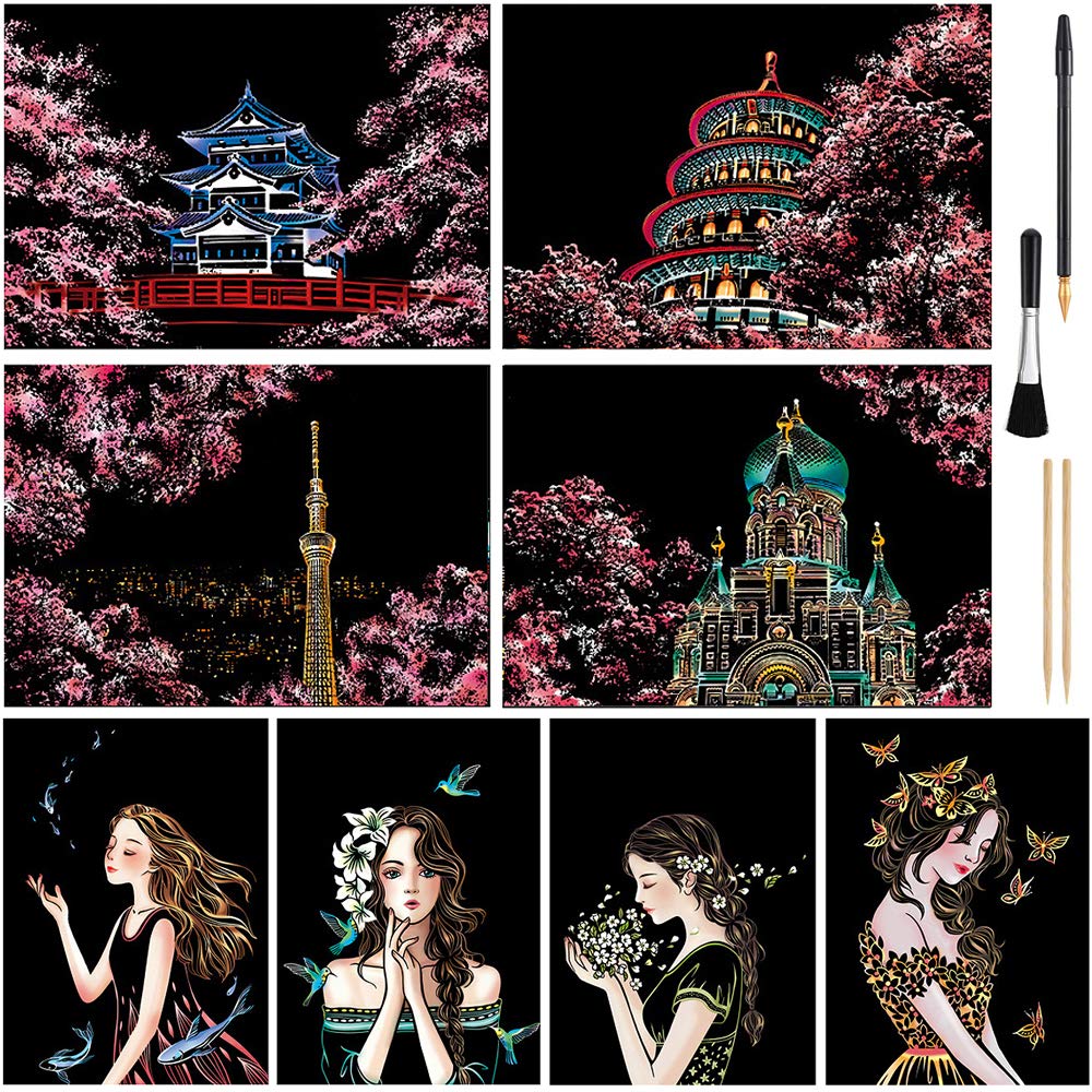Scratch Art for Teen & Adult, Magic Rainbow Flower Engraving Painting Paper, Landscape Scratchboard(A4) Sketch Beautiful Crafts Set: 8 Sheets with 4 tools - Drawing Pens, Cleaning Brush(Girl / Sakura)