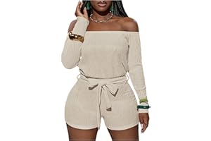 Floerns Women's Off The Shoulder Unitard Romper Long Sleeve Belted Short Jumpsuit