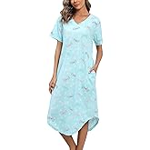 PNAEONG Women Short Sleeve Long Nightgown Soft Cotton Sleepwear Nightshirts Loungewear with Pockets