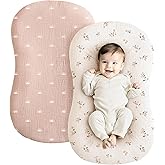 Konssy Muslin Baby Lounger Cover 2 Pack, 100% Cotton Newborn Lounger Cover, Soft and Breathable Baby Nest Slipcover for Boys Girls (Pink Sun,Khaki Leaf)