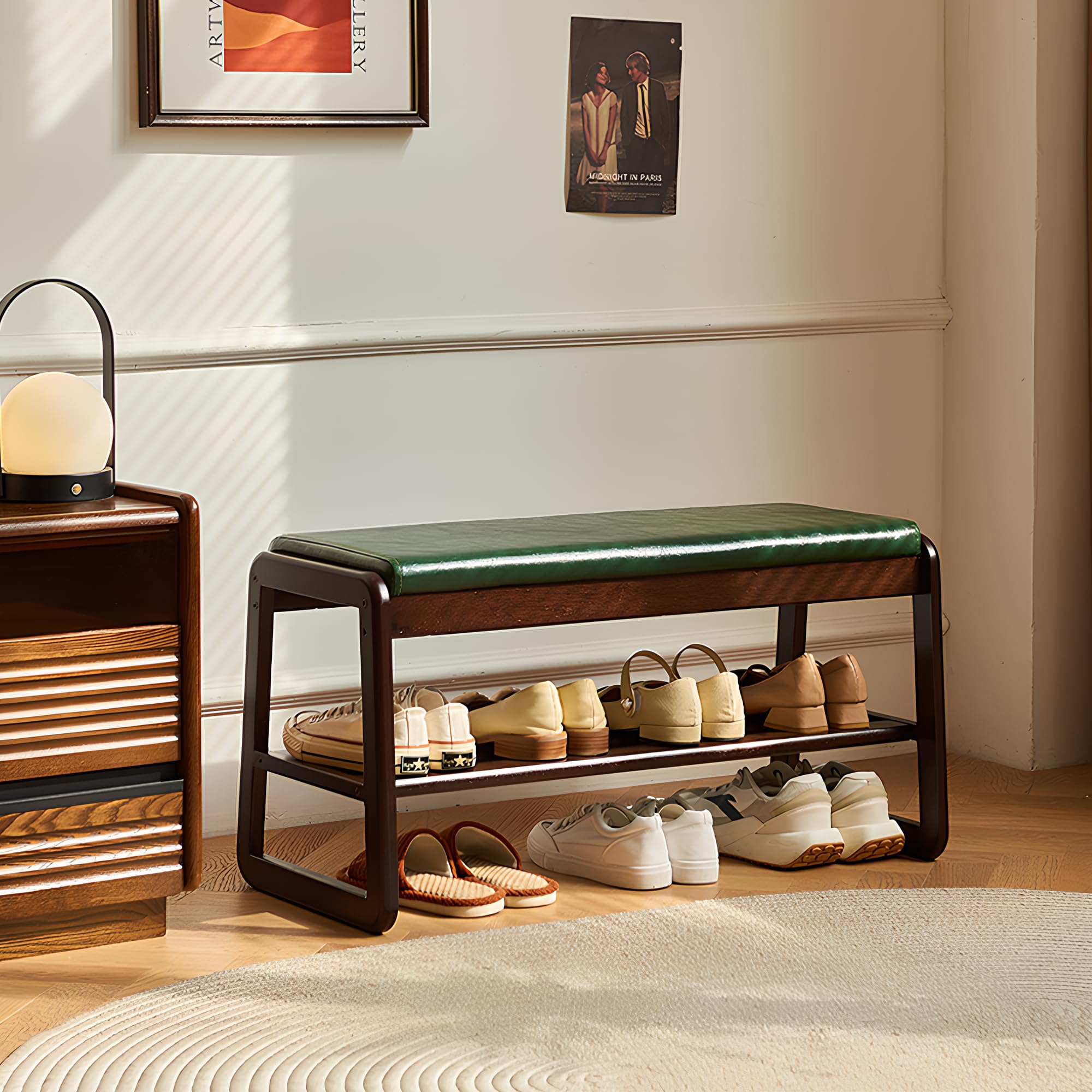 Photo 1 of **FOR PARTS ONLY**Shoe Bench, Entryway Bench with Leather Cushion, Solid Wood Shoe Rack, Mid Century Modern Bench, Shoe Storage, Shoe Organizer for Entryway (Green, 31.5" W)