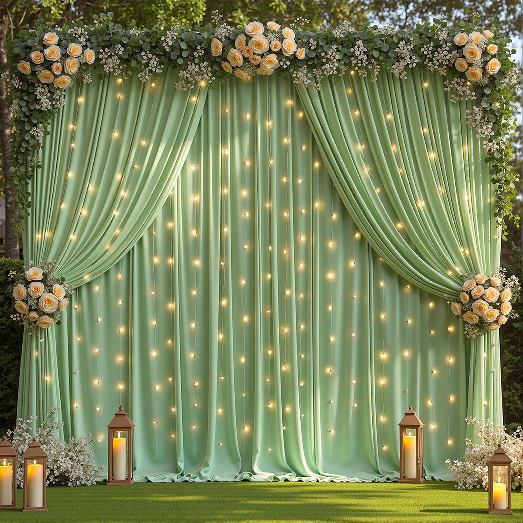 Photo 1 of 10 x 10ft Sage Green Backdrop Curtains with Lights String Green Polyester Photo Drapes Wrinkle Free Curtains Backdrop for Birthday Parties Wedding Reception Baby Shower Ceremony-5 x 10ft x 2P