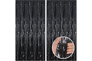 CANREVEL 2 Pack 3.3x8.2 Feet Black Foil Fringe Backdrop Curtains, Tinsel Streamers Birthday Party Decorations, Fringe Backdrop for Graduation, Halloween, Happy New Year, Disco Party