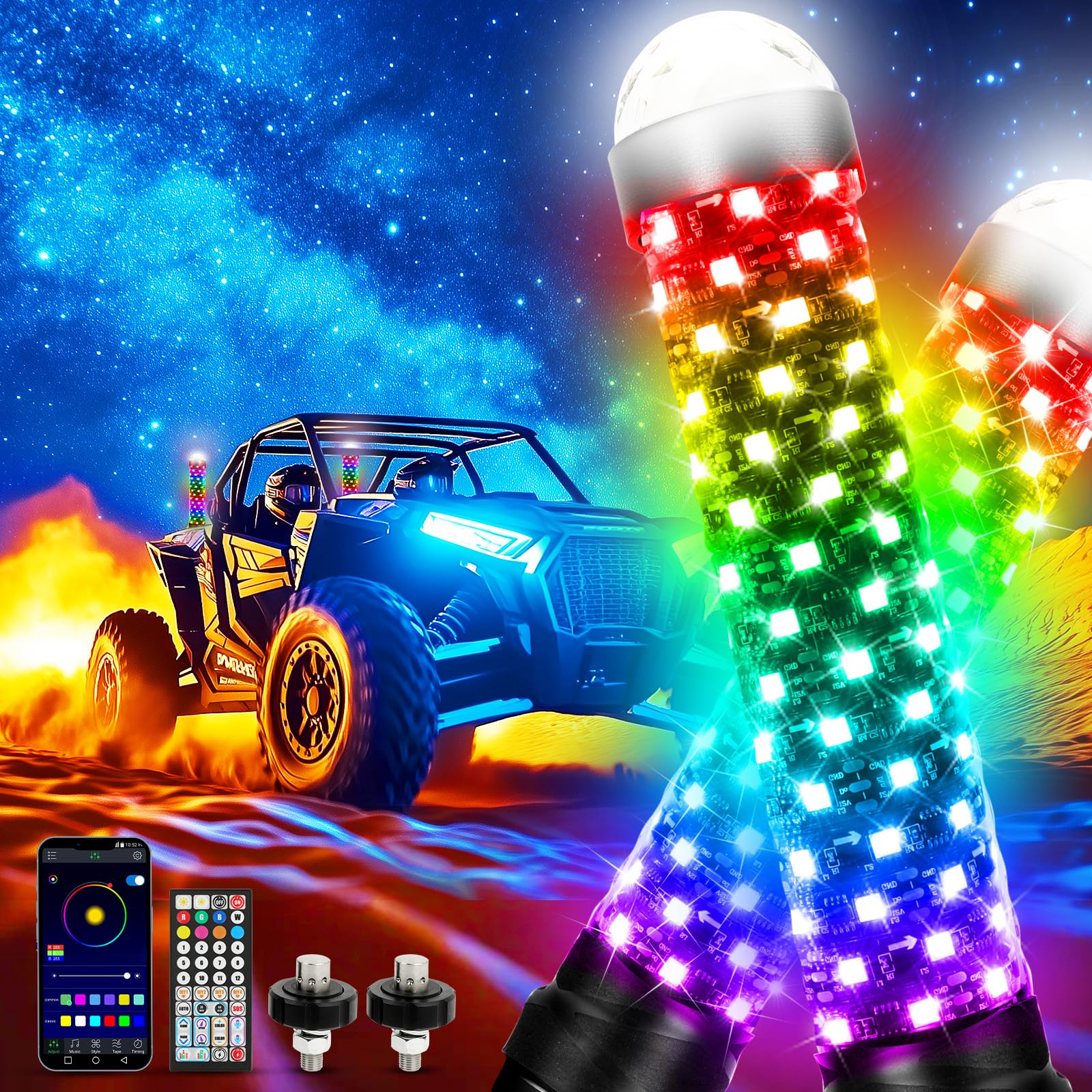 Photo 1 of DREAMOTOR Upgraded Fat Whip Lights with Flash Warning Light, 2Pcs 1FT Light Whip for Side by Side, Remote & APP Control, DIY Chasing Patterns, Music LED Antenna for UTV ATV Polaris Dune RZR Can-Am SXS