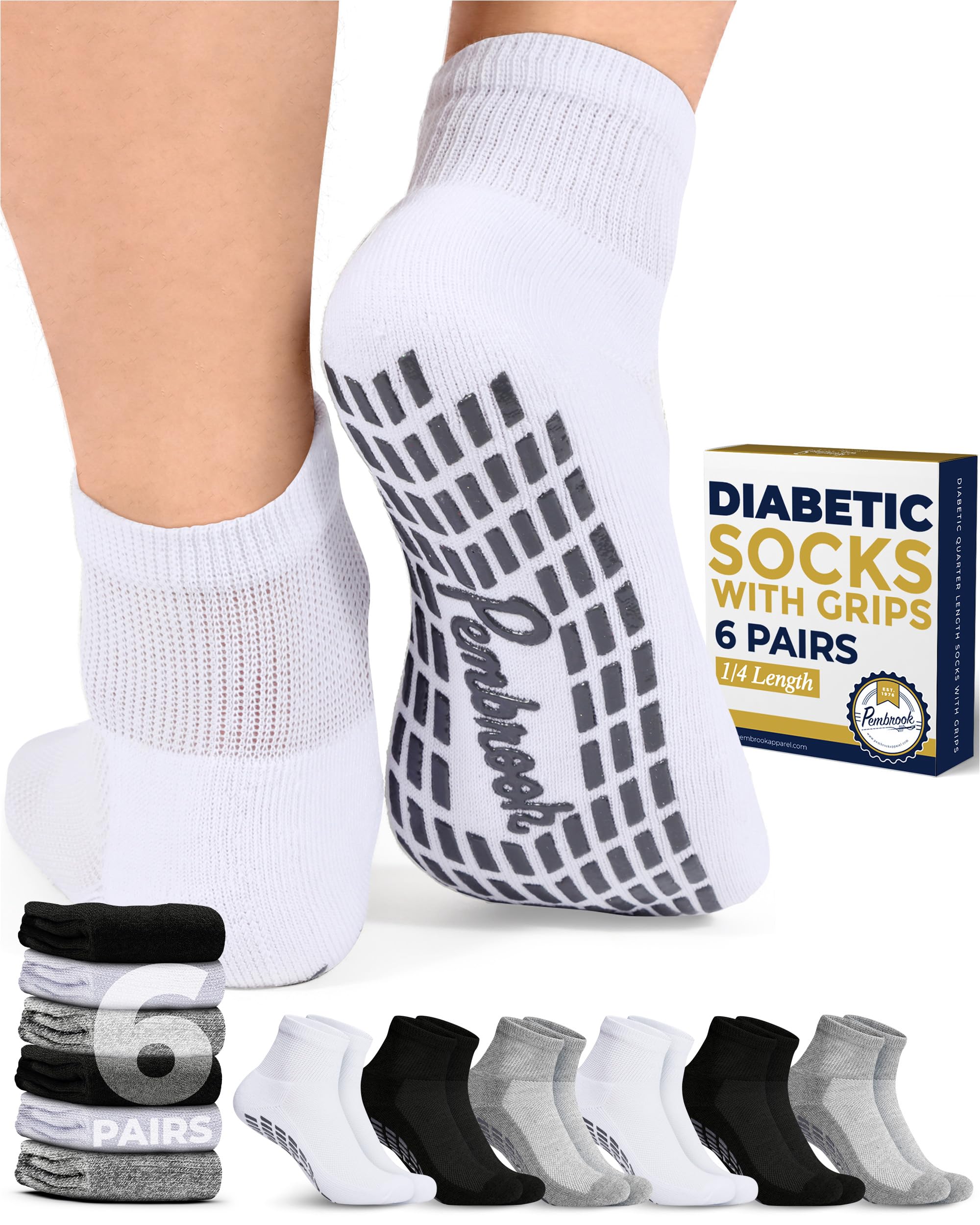 Pembrook 6 Pairs Diabetic Ankle Socks for Men & Women with Grips - Non Slip Edema Socks, 2 Black / 2 White / 2 Gray - 6 Pairs, Medium
