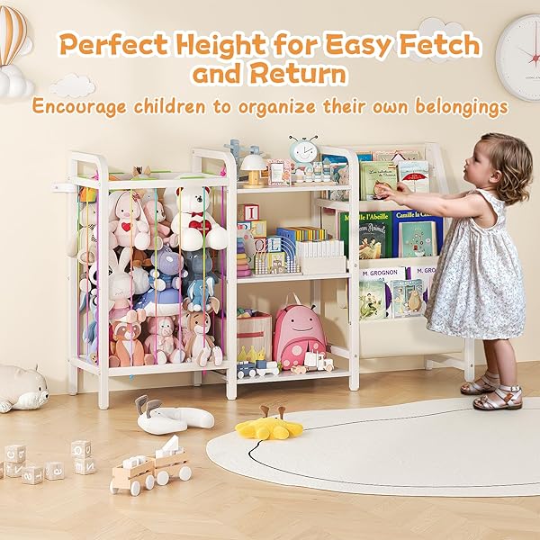 CYXPHION B1 KIDS BOOKSHELF AND TOY STORAGE, 3-TIER BOOK SHELF FOR KIDS ROOMS, SLING BABY BOOKCASE WITH STUFFED ANIMAL STORAGE, MONTESSORI TODDLER BOOKSHELF FOR NURSERY, BEDROOM, PLAYROOM, WHITE