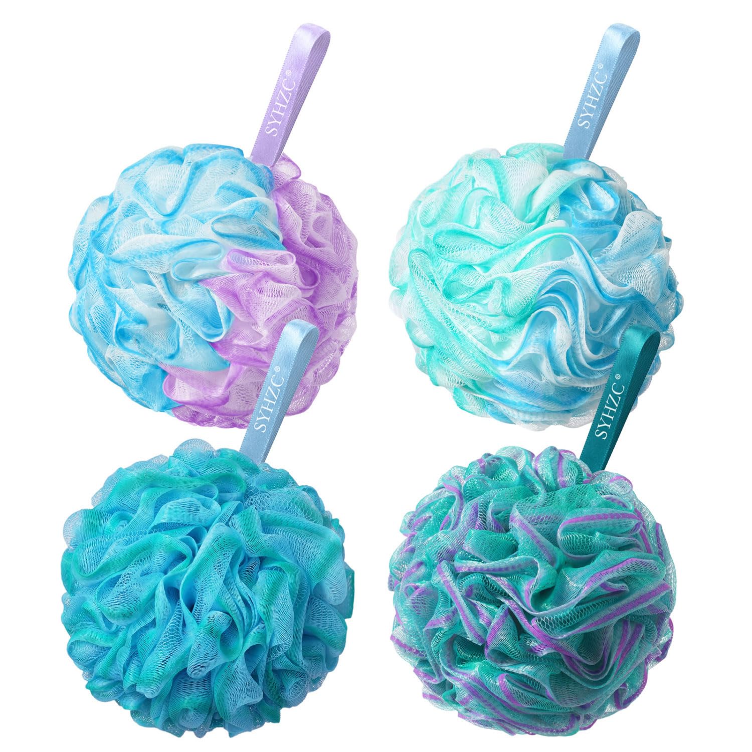 SYHZC 75g Ultra-Dense Exfoliating Shower Puff Family 4 Pack – XL Heavy Duty Loofah Body Sponges (5.9") – Colour-Coded for Hygiene – 25% Heavier for Rich Lather – Silky-Mesh Pouf, Ocean Gradient