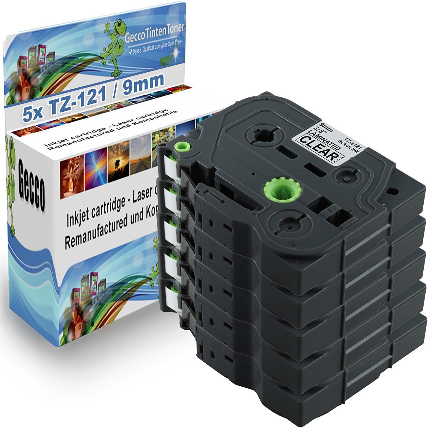 GeccoTintenToner 5x Laminated Label Tape for TZ121 TZE121 TZ-121 TZE-121 TZE 121 TZ 121 9mm Black on transparentfor Brother P-Touch 1000W 1830 2730 D200 7100 2100 2030 1830