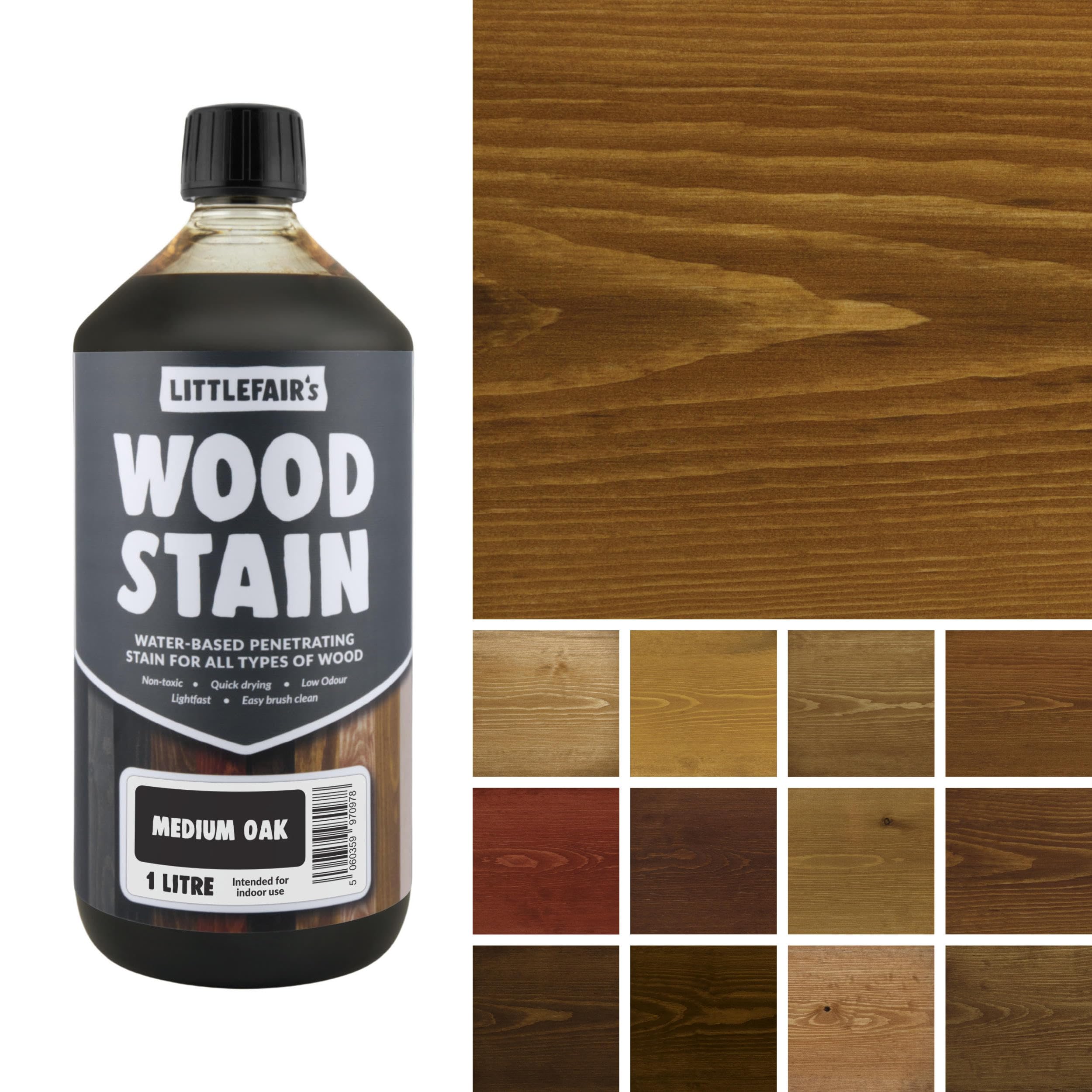 Littlefair's Wood Stain Water-Based - (Medium Oak) – Non-Toxic, Eco-Friendly & Quick Drying - Easy-to-Apply, Concentrated Formula for All Wood Types – 1 LTR