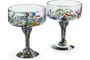 Handmade con Amor 16 oz Hand Blown Mexican Margarita Glasses Set of 2 - Confetti