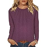 YZEGGO Womens Long Sleeve Shirts Pleated Fashion Crew Neck Casual Tops Blouses Basic Tee Trendy Clothes 2025