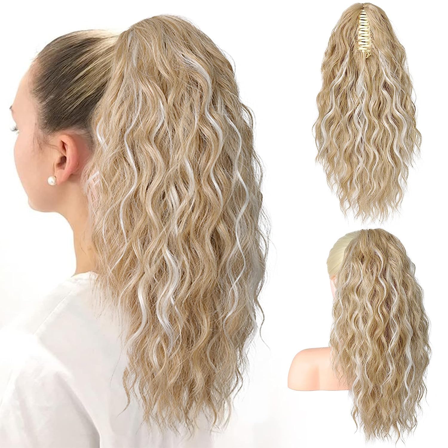 PORSMEER Ponytail Extension,Claw Clip Ponytail Hair Extensions Blonde highlights Natural Looking Long Curly Wavy Multi Layered Fluffy Synthetic Hairpiece for Women Girls Daily Wear or Party,18inch โ image 1