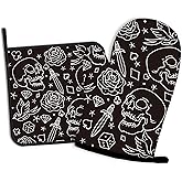 Skull Head with Rose Oven Mitts and Pot Holders Kitchen Cooking Gloves 2 Pcs Set Heat Resistant Pad for Baking BBQ Home Decor