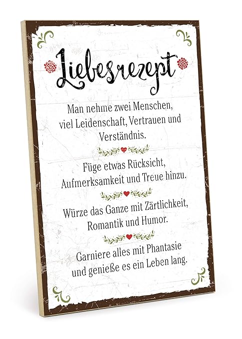 Typestoff Holzschild Mit Spruch Liebesrezept Grafik Bild Bunt Schild Wandschild Türschild Holztafel Holzbild Als Geschenk Und Dekoration