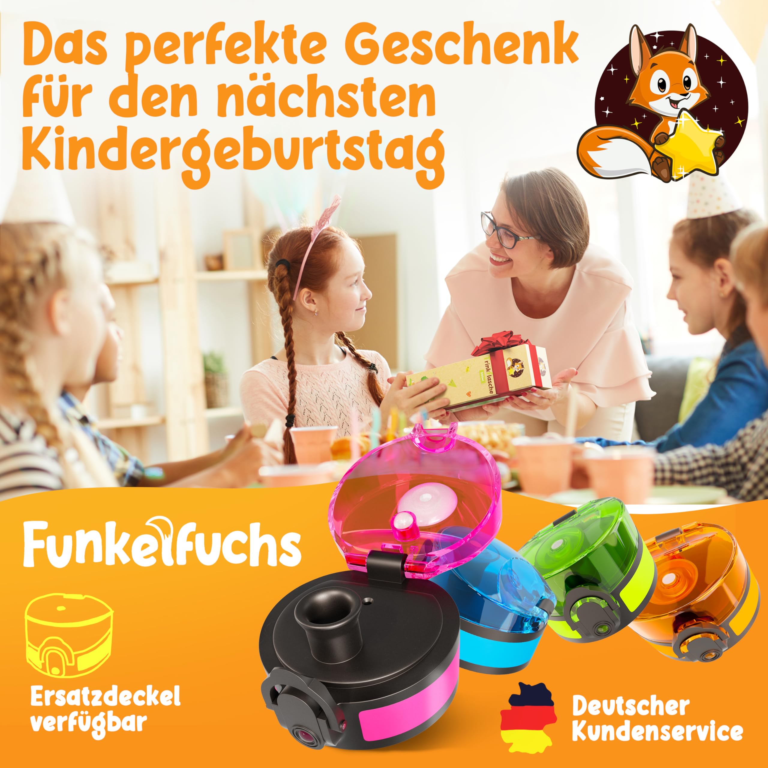Funkelfuchs®- Trinkflasche für Kinder – 500ml, Pink – Kohlensäure geeignet - 100% auslaufsicher - Wasserflasche spülmaschinenfest - für Kindergarten, Einschulung, Schule, Sport 7