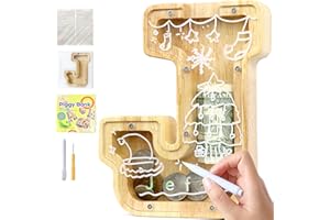 weallbuy Wooden Letter Piggy Bank A-Z Personalized Clear Coin Bank for Kids Boys Girls With Stickers Marker Screwdriver (J)