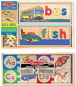 Melissa & Doug See & Spell Wooden Educational Toy With 8 Double-Sided Spelling Boards With Self-Correcting Alphabet Wooden Puzzles