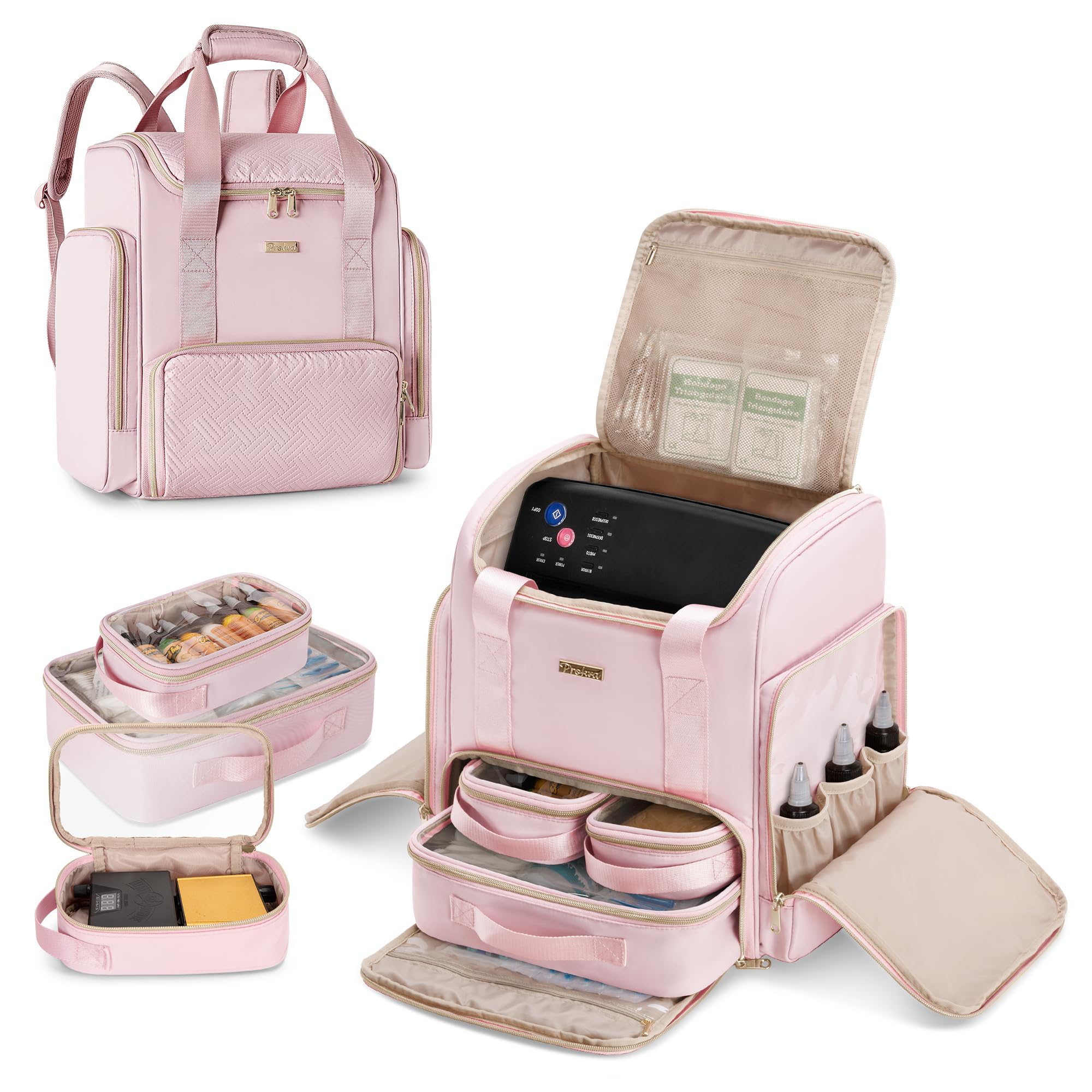 Photo 1 of Prokva Tattoo Travel Case with 3 Cases, Tattoo Supplies Storage Organizer Backpack, Tattoo Stencil Printer Carrying Bag, Pink