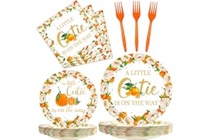 Kepeel 96 Pcs Little Cutie Baby Shower Party Plates and Napkins Set, A Little Cutie is on The Way Party Supplies Decorations Orange Citrus Tangerine Fruit Birthday Party Tableware Kit, Serves 24