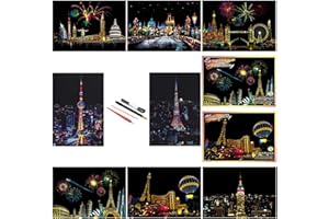 DESINIK Scratch Painting Art for Adults -Scratch Painting Foil Art for Adults, Scratchboard Set(A5) with 4 Tools & 8 Sheets,City Series Creative Set(Modern City)