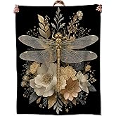Zeleda Elegant Dragonfly Blanket, Gifts for Flower and Nature Lovers, Lightweight Flannel Throw Blankets, Golden Insect with Vintage Floral Throws Home Decor, for Couch Living Room Office, 60x50inch