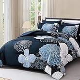 Yiran Navy Blue Floral Boho Comforter Set King Size 7 Pieces Bed in a Bag Flowers Soft Microfiber Bedding Set(1 Comforter 1 Flat Sheet 1 Fitted Sheet 2 Pillowshams 2 Pillowcases)