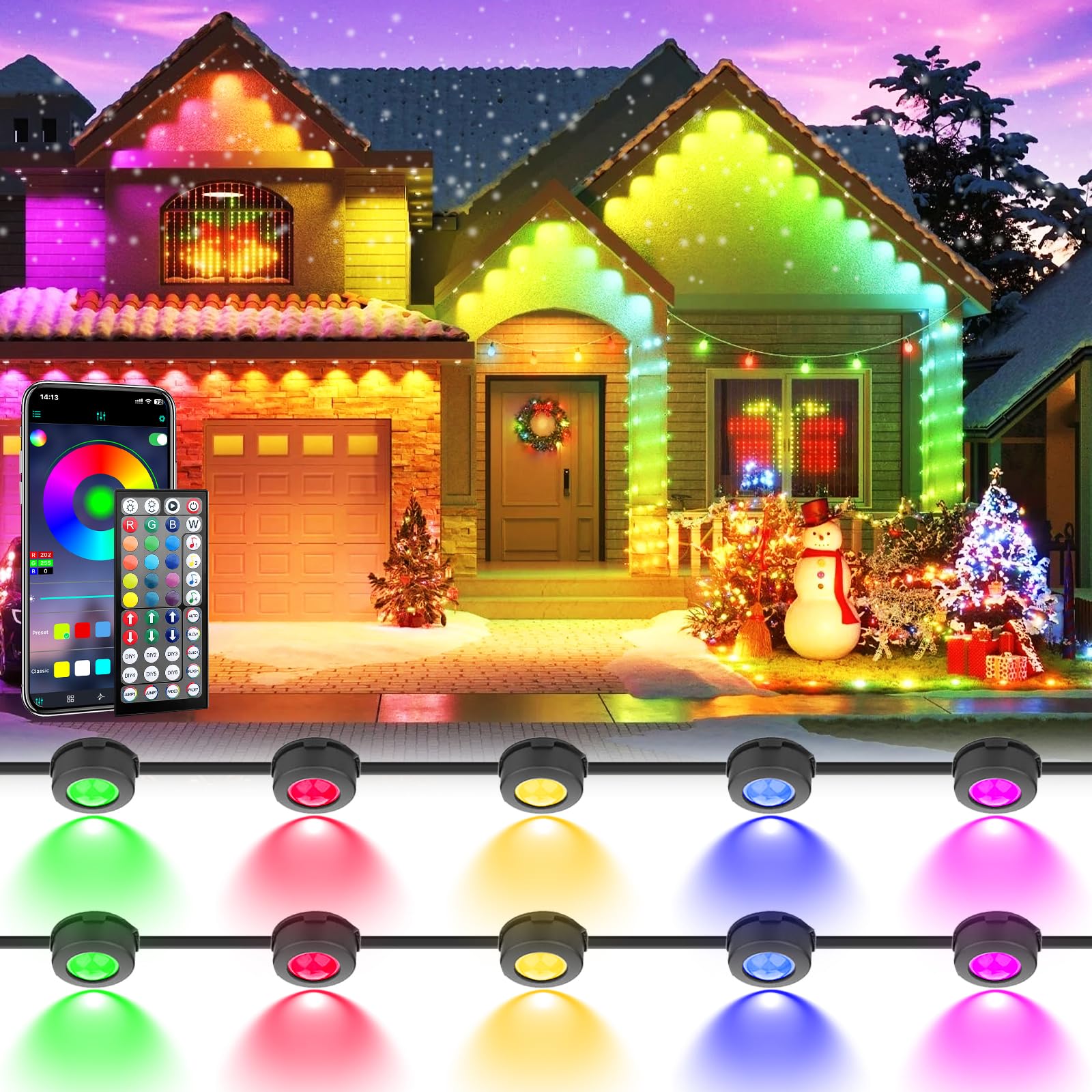 Photo 1 of 100 FT Permanent Outdoor Lights, Waterproof 2-in-1 Eaves & Ground Stakes LED String Lights with App/Remote Control for House, Garden– Smart Color-Changing Lighting for Halloween Christmas Decorations