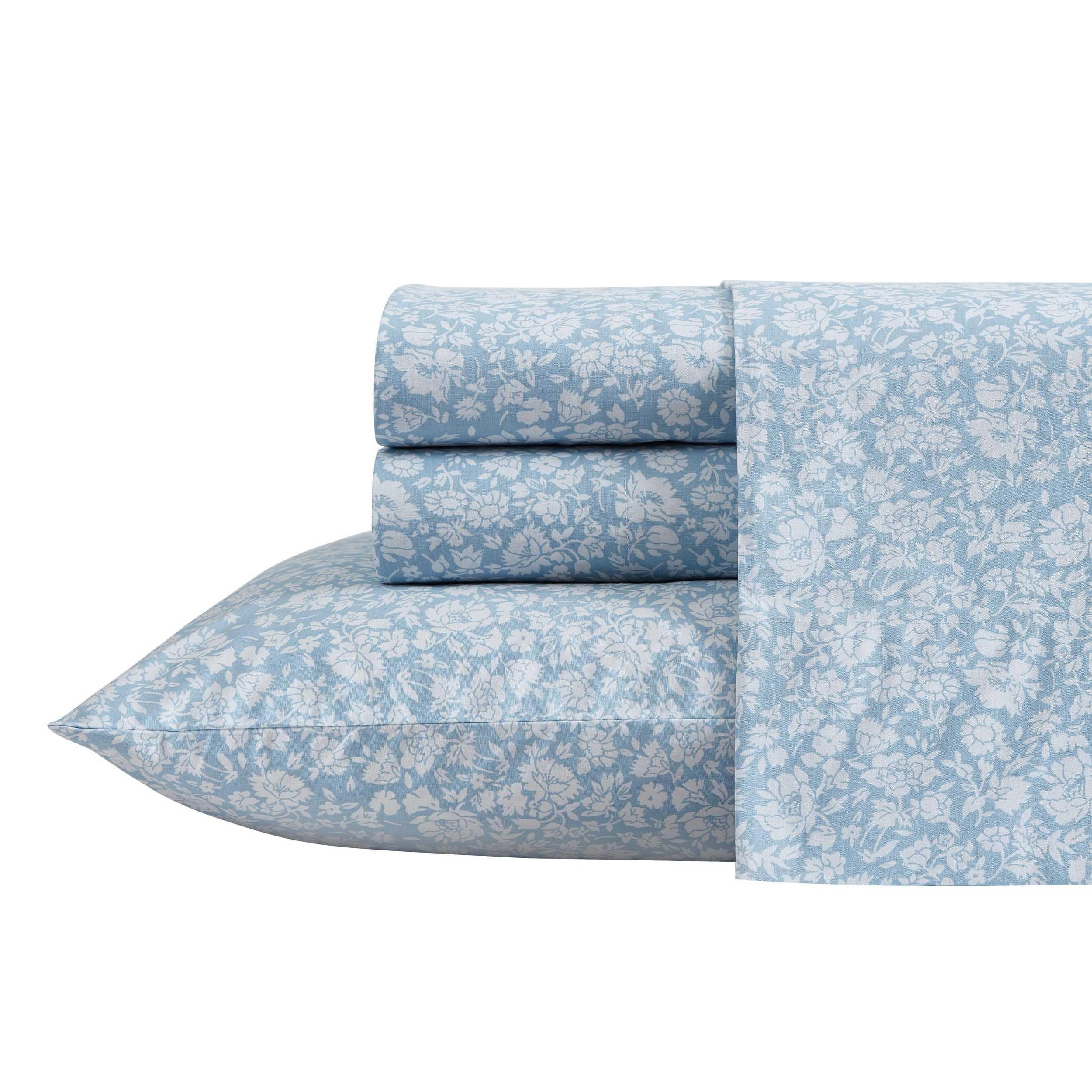 Photo 1 of Laura Ashley - Twin Sheets, Cotton Percale Bedding Set, Lightweight & Breathable Home Decor (Heirloom Ditzy Blue, Twin)