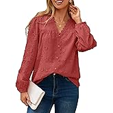 Simplee Womens Dressy Long Sleeve Blouses Casual V Neck Button Floral Lace Embroidered Fall Tops Fashion Shirts