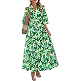 MASCOMODA Womens Floral Maxi Dresses Boho Summer Casual V Neck 3/4 Puff Sleeve Button Down Tie Waist Long Flowy Shirt Dress