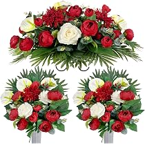 2 Roses Artificielles Pour Tombes - Fleurs Résistantes Intempéries 22x23cm - Décoration Cimetière