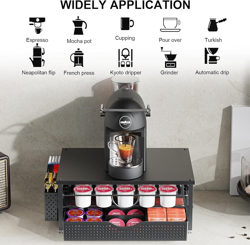 Support de dosettes de café K avec tiroir de rangement coulissant à 2 niveaux et 1 panier suspendu pour 51 grandes ou 73 petites capsules, accessoires de rangement pour comptoir, bureau, cuisine (noir