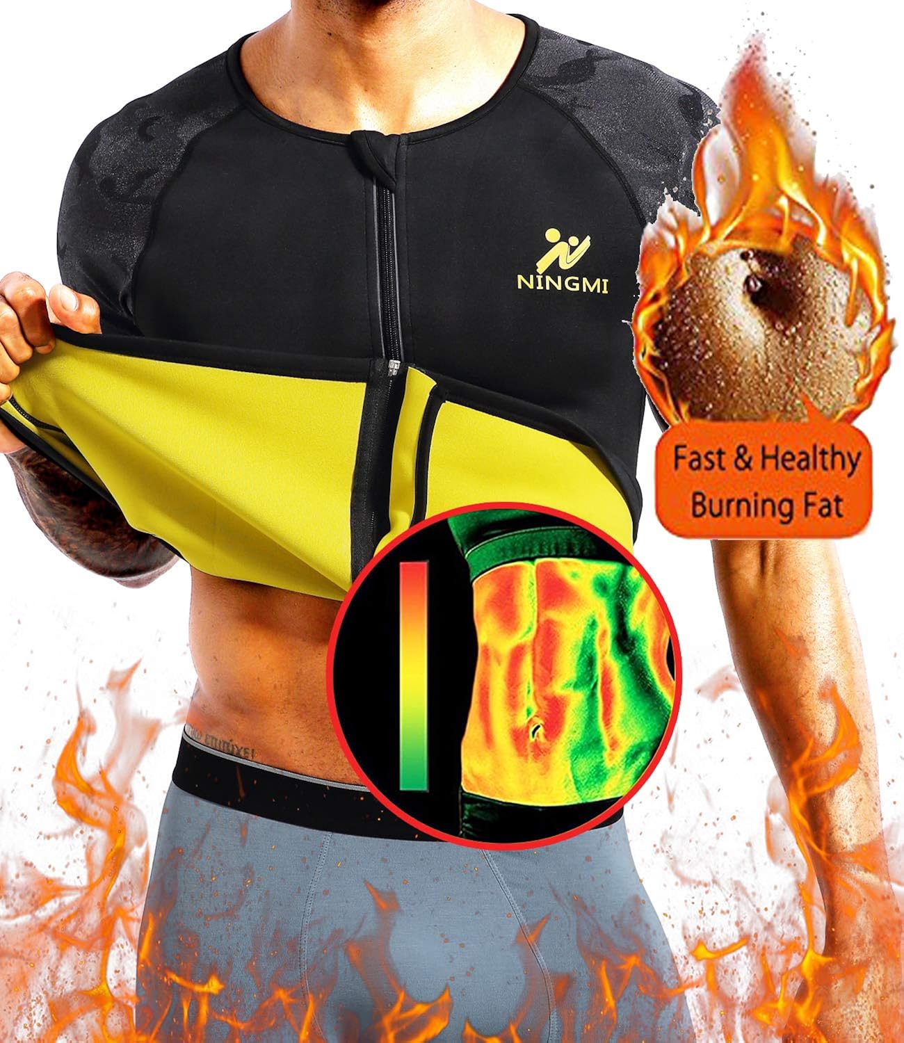 NINGMI Sauna Suit for Men Hot Sweat Suit Sauna Shirt Sweat Body Shaper Workout Neoprene Suit Zipper Short Sleeve: Clothing